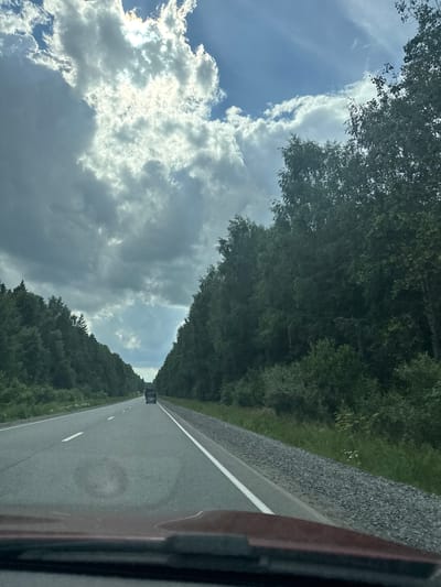 The image depicts a perspective from inside a vehicle looking out onto a tree-lined road. The road stretches into the distance, with a single lane visible and white dashed lines marking its boundaries. A dark-colored vehicle is driving ahead on the same road. To the right of the road, there is a gravel shoulder followed by dense green foliage, suggesting a natural or rural setting. To the left of the road, a dramatic sky is visible, characterized by large, fluffy white and grey clouds. The sun is partially obscured by the clouds, casting a bright light through them. The trees on the left side of the road form a dense canopy, creating a tunnel-like effect. The overall scene suggests a daytime drive through a wooded area. The image is oriented such that the road appears to be going upwards, and the sky is on the left.