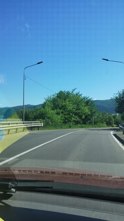 A roadside view taken from the inside of a vehicle with the camera pointing outward and slightly upwards. The scene includes a blue sky occupying the left portion, dotted with two street lights stretching towards the sky. To the right of the sky, there's lush greenery, hinting at a forest or dense vegetation. A gray paved road with a white lane marking runs across the middle of the frame. A vehicle interior is visible on the right side of the image, with details of the dashboard and windshield. The bridge railings and structural supports are visible underneath the road.
The location is likely Deliatyn, Ukraine, given the mention.