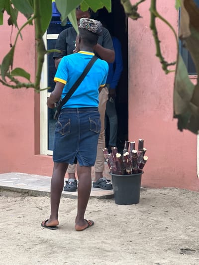 In Ganyingbo, Nigeria, a person stands facing away from the camera, wearing a bright blue t-shirt with yellow trim, a dark denim skirt, and sandals. They have a black strap across their chest. Behind them, partially visible, are other individuals, one in a dark t-shirt and another in a blue long-sleeved shirt. To the right of the person in the blue t-shirt, a dark gray bucket is filled with freshly cut, reddish-purple sugarcane stalks, some with white tips, standing upright. The scene appears to be outdoors, with a sandy ground in the foreground and a muted pink wall behind the subjects. Green foliage partially obscures the upper part of the image. The overall setting suggests a market or street-side vendor area.