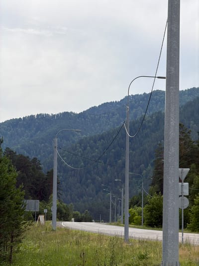 This is a medium-shot, eye-level, outdoor photograph taken on a cloudy day of a paved road winding through a forested, mountainous area. The road curves to the right in the mid-ground and recedes into the distance. Several streetlights with curved arms are positioned along the left side of the road. In the foreground, a tall, grey, metal pole with electrical wires attached is prominently featured on the right side of the frame. To the left of the road, there is an area of dry grass and some greenery, with a grey signpost and two A-frame signs visible. The background is dominated by a dense, dark green forest covering a mountain range, with a hazy sky overhead. There are no people or animals visible in the image. The scene suggests a highway passing through a natural landscape, possibly near a settlement given the streetlights. Based on similar imagery, this location is consistent with the outskirts of Ust'-Sema, Russia, a village in the Altai Republic known for its natural beauty and mountainous terrain.