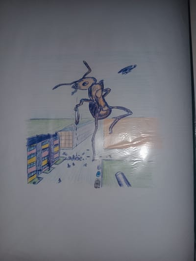 The drawing depicts a surreal scene of a giant ant towering over a city street, its legs precariously balanced on buildings. The ant, rendered in shades of brown and black, appears to be in motion, its antennae raised. Below, a cityscape unfolds with apartment buildings, cars, and tiny figures of people scattering. Some people are on sidewalks, while others appear to be fleeing the scene.
The buildings are colorful, with blue, yellow, and pink facades. Cars are parked along the street, and a single, possibly damaged, vehicle is visible. In the distance, a green field stretches towards a muted sky. The drawing also includes a small, dark flying object in the upper right corner, which could be interpreted as a bird or a drone, adding to the unusual nature of the scene.
The overall impression is one of chaos and a monumental threat to the urban environment. The drawing style is loose and sketch-like, with colored pencils used for shading and highlights. The scale difference between the ant and the city suggests a science fiction or fantasy theme, perhaps exploring the idea of nature's power over human civilization. There is no visible text within the image. The scene appears to be set during the day, with no strong indicators of specific weather conditions. The location cues are generic to a city street and apartment buildings, with no distinct elements to pinpoint a specific urban area beyond the general description of residential buildings and a street.
