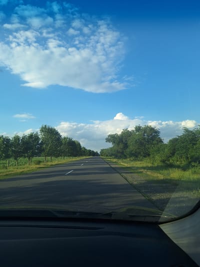 The image depicts a roadside view from a vehicle traveling along a paved road. The sky is a vibrant blue with scattered white clouds, suggesting a clear and pleasant day. The sun appears to be either rising or setting, casting long shadows across the road and the adjacent grassy verge. On the left side of the road, a line of lush green trees forms a dense border, with some interspersed younger trees. The road itself has a single white line marking the lane. The right side of the image shows the interior of the vehicle, with dark interior panels and a reflection on the window. The scene suggests a journey through a rural or semi-rural landscape in Russia, likely during the warmer months given the greenery. There is no visible text in the image. The overall mood is one of travel and tranquility, with the natural elements of the sky, trees, and road dominating the composition.