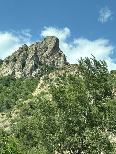 The image captures a vibrant natural landscape, dominated by a steep, rugged mountain face covered in dense green foliage under a clear blue sky. The lower and central parts of the frame reveal a massive rock formation, characterized by its textured, grey-brown surfaces and dramatic contours. Lush green trees and vegetation cling to the mountainside, some with visible lighter-colored branches and trunks, possibly birch trees, suggesting a verdant environment.
The upper and left sections of the image are filled with a bright blue sky, adorned with scattered, fluffy white clouds, indicating a sunny day. Thin, light-colored lines, likely wires or cables, are visible traversing vertically through the tree canopy, particularly towards the right side of the frame. These man-made elements subtly intersect the otherwise wild natural scene. No people, animals, or discernible activities are depicted, giving the image a serene and untouched quality, apart from the wires. There is no visible text. The overall scene reflects a mountainous region, consistent with the context of Stara Kresna, Bulgaria.