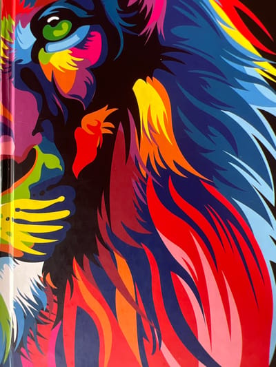 This image displays a close-up, cropped view of a highly stylized, multi-colored graphic illustration of a lion's head, presented in left profile. The artwork is depicted on a flat, glossy surface, consistent with a book cover or similar bound object, exhibiting a slight vertical curvature on its left edge. The illustration employs a vibrant, high-contrast color palette, including various shades of blue, red, orange, yellow, green, pink, purple, and black. The lion's left eye is green with a black pupil and a white corneal reflection, set within pink and dark blue contours. The muzzle area consists of sharp, angular shapes rendered in yellow, light green, and dark blue, with a distinct bright red, pointed element centrally positioned. The mane is composed of numerous sharp, overlapping segments in varied hues, encompassing intense reds, oranges, and yellows, alongside multiple shades of blue, pink, and purple. The internal background of the illustration is black. No individuals, activities, or interactions are present within the frame. This depicted object is located within the city of Nuevo Santiago, Panama.