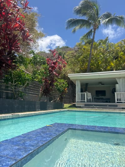 The image depicts an outdoor recreational area located in East Honolulu, United States, under a clear blue sky with scattered white cumulus clouds. In the foreground, a light blue swimming pool with a dark blue tiled perimeter features an adjoining elevated hot tub section, also with dark blue tiling. A yellow object is floating on the main pool's surface, and a white pool cleaning hose is submerged.
In the midground, to the right of the pool, a white, open-sided cabana or pool house stands on a raised patio accessible by dark grey steps. The cabana has a white roof with visible recessed lighting, white support columns, and white railings. White sheer curtains are tied back on the columns. Inside the cabana, a flat-screen television is mounted on the rear wall above dark outdoor furniture. A stack of white plastic chairs is present on the left side, and an outdoor fan unit is mounted high on the right wall. The ground surrounding the pool and cabana is covered by green grass.
The background is dominated by a steep, verdant hillside covered with dense tropical vegetation, including various green trees and prominent red-leafed plants. A tall palm tree extends above the cabana on the right. A multi-tiered dark grey retaining wall, constructed from horizontal planks or blocks, runs along the base of the hillside, interspersed with dark grey rectangular planters containing smaller green trees. No individuals are visible in the scene, and no specific actions or interactions are occurring.