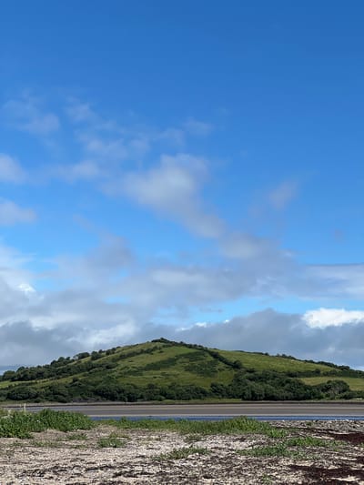 The image depicts a landscape scene with a bright blue sky filled with scattered clouds. A gently sloping green hill covered in dense vegetation dominates the right side of the frame. A paved road runs along the base of the hill, bordering a body of water that appears to be the sea. The foreground on the far right shows a textured, rocky surface with some green vegetation. The scene suggests a natural, open-air setting, possibly a coastal area in Ireland, given the provided location context. The lighting indicates it is daytime, with fair weather indicated by the clear sky and diffused light on the landscape. No people or specific objects are clearly identifiable, and no text is visible in the image. The overall impression is one of a serene and expansive natural environment.