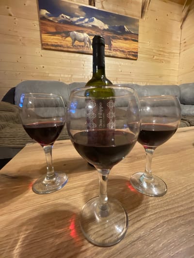 An indoor scene in Palež, Montenegro, displays three wine glasses containing red wine positioned on a light-colored wooden table. A green glass wine bottle, labeled "Don Filippo," stands behind the glasses, centrally located. In the background, a grey sofa is visible against a wall constructed of horizontal wooden paneling. Mounted on this wooden wall is a large rectangular framed picture depicting a mountainous landscape with snow-capped peaks, a field in shades of gold and brown, and two horses—one white and one dark brown—grazing. Ambient lighting illuminates the objects, casting subtle red reflections from the wine onto the table surface beneath the glasses. No individuals are present in the image.