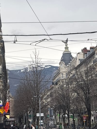 A European street scene shows a building with a domed roof topped with a bird sculpture. A clock is visible on the building's facade. Mountains loom in the background. Bare trees line the street, obscuring some of the buildings. Power lines crisscross the sky. Shop signs, including one for "Tabac", are visible at street level. The overall impression is of a grey, overcast day.