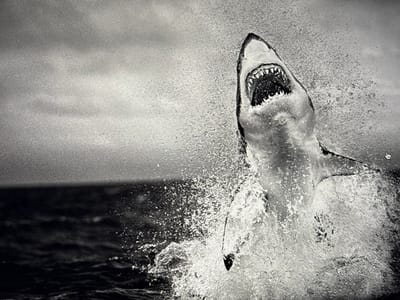 A black and white photo showcases a great white shark leaping from the ocean. Water droplets surround the shark as it emerges, mouth agape revealing rows of sharp teeth. The dark ocean surface and stormy sky provide a dramatic backdrop. The shark's body is predominantly white, with darker markings. The image captures the power and ferocity of the apex predator in a dynamic moment.