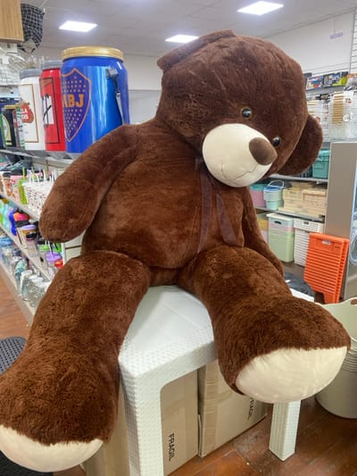 This image presents a forensic view of a large, brown plush teddy bear seated on a white, textured plastic stool within a retail store located in Santa Rosa, Argentina. The teddy bear, the primary subject, has a light beige snout with a brown nose, brown eyes, and a dark brown ribbon tied around its neck. Its paws are also light beige.
The surrounding environment consists of merchandise-laden shelves. To the left and behind the teddy bear, shelves display various consumer goods, including bottles, cups, and clear containers. Above these shelves, three oversized can-shaped items are prominent: a red one with a white 'X', a blue one featuring a gold crest with "ABJ" (likely representing Club Atlético Boca Juniors), and a partially visible green can. The blue can has a black strap.
To the right, additional shelving units are visible, stocked with an assortment of plastic bins, baskets, and household storage solutions. An orange plastic washboard leans upright against a shelf or wall. Beneath the white stool, cardboard boxes are stacked, with one box clearly marked "FRAGIL." The store's interior features a white ceiling with square fluorescent light fixtures and a light-colored wooden floor. No individuals are present in the scene.