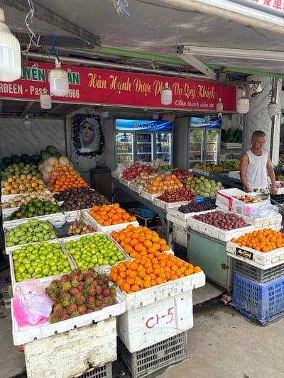 Here's a detailed description of the image:
**Setting:** A fruit stand in the Bavet Quarter, Cambodia. The stand appears to be integrated into the front of a building.
**People:** An older man is visible behind the display of fruit, likely the owner or vendor. He wears a white tank top.
**Objects:**
* A large assortment of fruits, organized in white plastic crates stacked at different levels. The variety includes oranges, tangerines, grapes, rambutan, and other tropical fruits. Some crates have markings like "C1-5" and "Air Chief."
* Two Alaska-branded refrigerators stand against the wall behind the fruit display, containing beverages or other items.
* A sign with red lettering stands above the stand. Part of the sign says "Han Hanh Duoc Phi Vu Quy Khach" and "Chân thành cảm ơn". Another sign has the words "LIEN AM" and "RDEEN-Pas...666."
* A framed image (possibly a religious icon or portrait) is seen on the wall.
* A string of lights decorates the stand.
**Scene Description:** The fruit stand is well-stocked and appears to be open for business. The vendor is likely attending to customers or preparing orders. The environment seems to be a typical street scene.