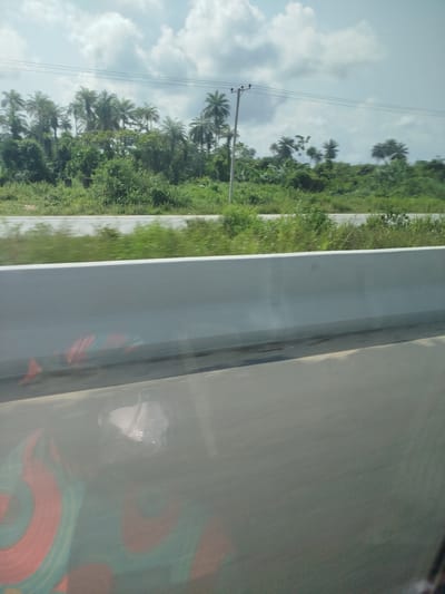 The image captures a roadside scene in Odiderengwaji, Nigeria, likely taken from a moving vehicle. The foreground is dominated by a highway barrier, a pale grey structure running horizontally across the lower half of the frame. Reflections on the barrier reveal a glimpse of a colorful patterned fabric and possibly a person's head.

Beyond the barrier, the scene unfolds with lush greenery and a stretch of road. The vegetation is dense, featuring various trees and bushes, with palm trees prominently scattered among them, indicative of a tropical climate. In the distance, a utility pole with wires stretches across the horizon, suggesting the presence of infrastructure.

The sky above is partly cloudy, with fluffy white clouds against a pale blue backdrop, suggesting it might be late morning or early afternoon. The overall impression is one of a bright, daylight scene, though the motion blur on the road and vegetation implies travel. There is no visible text in the image. The scene depicts a typical roadside view in a tropical, possibly rural or semi-urban, Nigerian environment.