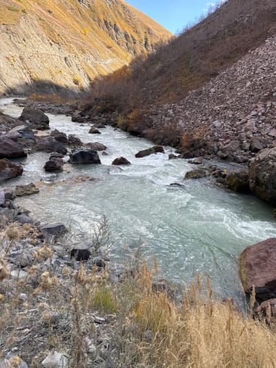 The image depicts a mountainous river scene within the city of Kvemo Okrokana, Georgia, under clear daylight conditions. A fast-flowing river, characterized by its pale turquoise-green color and numerous white rapids, occupies the central and lower portions of the frame. The riverbed is strewn with dark, water-worn boulders and rocks that disrupt the flow.
To the left of the river, a steep, light-ochre colored mountain slope rises, exhibiting distinct horizontal rock strata. This slope is partially illuminated by direct sunlight, while its lower section closest to the river remains in shadow. A faint, unpaved track is visible winding up the mid-section of this slope.
To the right of the river, an equally steep and rugged slope is visible, primarily composed of dark grey and reddish-brown rocky scree and larger boulders. Sparse deciduous trees and shrubs, largely denuded of leaves but showing some autumn brown and orange foliage, cling to this slope.
The immediate foreground is dominated by dry, tall, light-brown grasses and some prickly, thistle-like plants, partially obscuring the river's edge. The sky above is clear and blue, visible in the upper right quadrant. No human figures or discernible man-made structures are present within the immediate scene, apart from the faint track on the left mountain.