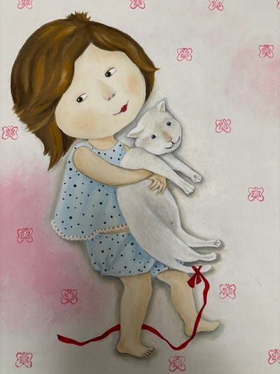 This is a painting of a young child, possibly a girl, with brown hair and fair skin, holding a white cat. The child is wearing a light blue pajama set with dark blue polka dots and white trim. The cat is held in the child's arms, and a red ribbon is tied around the cat's waist and trails down to the child's legs, which are bare. The background is a pale, textured surface with faint pink washes and small, pink butterfly-like stamps or prints scattered across it. The style of the painting is illustrative and somewhat whimsical, with rounded features for the child and a simplified depiction of the cat. There are no discernible elements in the image that indicate a specific location in Shepetivka, Ukraine, or any other city.