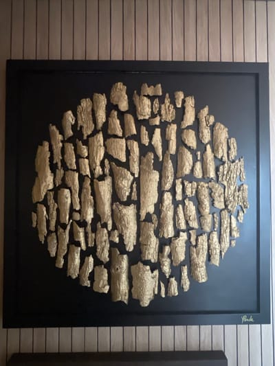 A framed artwork is displayed on a wall. The artwork features a dark background with an oval arrangement of textured, gold-colored fragments. The fragments appear to be made of bark or a similar natural material, with rough, irregular surfaces. The arrangement is dense and somewhat abstract, filling the oval shape. A signature, which appears to read "Pooke," is visible in the lower right corner of the artwork. The wall behind the artwork has a vertical wood-paneled texture in a light brown and tan color scheme. A dark shelf or ledge is visible below the artwork. The image does not contain any people or indicate a specific location in Portsmouth, United Kingdom.
