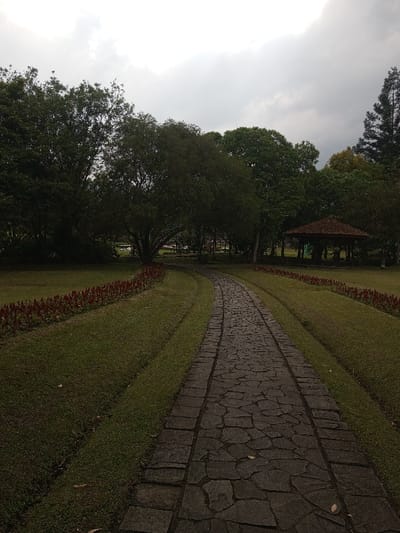 A stone pathway curves through a verdant park landscape beneath an overcast sky. Lush green grass borders both sides of the path, accented by rows of red flowers. Mature trees line the perimeter of the park, creating a sense of enclosure. A gazebo with a reddish-brown roof sits among the trees in the distance. The image evokes a sense of tranquility and natural beauty.