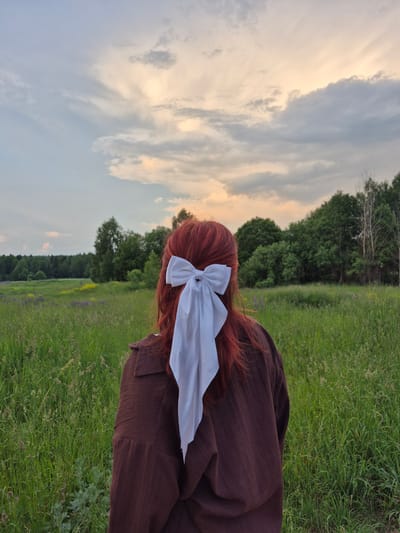 An overhead, slightly angled, full-body shot captures the back of a person with long, auburn hair tied back with a large, white bow, standing in a field of tall green grass. The person wears a dark brown, collared blouse with billowy sleeves. The field is dotted with small purple and yellow flowers and extends towards a line of dense green trees in the background. Above the trees, the sky is a pale blue transitioning to yellow and orange hues, with scattered clouds. The scene appears to be an outdoor, natural setting, likely a meadow or countryside, possibly in Doinaya, Russia, given the presence of trees and wildflowers.