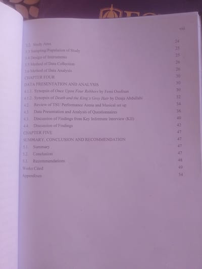 This media file is a photograph of an open book, specifically the table of contents. The page is primarily white with black text, though there are some purple and pinkish hues, suggesting a colored lighting condition or the nature of the book's paper. The book appears to be a thesis or dissertation, given the chapter titles and sub-sections such as "Study Area," "Data Collection," "Data Analysis," and "Summary, Conclusion and Recommendation." Specific works are mentioned, including "Synopsis of Once Upon Four Robbers by Femi Osofisan" and "Synopsis of Death and the King's Grey Hair by Denja Abdullahi," indicating a focus on literature or theater studies. Page numbers are listed alongside each entry, ranging from 24 to 54. In the upper right corner, the Roman numeral "viii" is visible, suggesting it is page eight of the preliminary sections of the book. The background of the image shows a blurry pattern that might be fabric or wallpaper. The photograph is taken from a slightly angled perspective, with the left edge of the book taking up a significant portion of the frame, showing a white page. The overall impression is of a document being presented for review or reference.