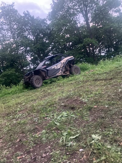 An all-terrain vehicle (ATV) is positioned on a grassy slope, partially obscured by trees. The ATV appears to be dark gray with tan accents, and the number "75" is visible on its side. The vehicle is tilted to its right, with its front end lower than its rear. The surrounding environment consists of a dense forest of tall trees with dark green foliage, and the ground is covered in green grass, some dry leaves, and patches of exposed soil. The sky above is overcast with a muted gray and purple hue, suggesting either dawn or dusk. The overall scene appears to be in a rural or natural setting, possibly a wooded area on the outskirts of Teghut, Armenia, given the terrain and vegetation. There are no people visible in the image.