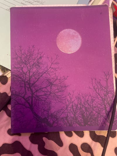 The image shows the cover of a notebook with a purple background depicting a night sky with a moon and silhouetted trees. The moon is located in the upper right quadrant of the notebook cover and appears to have a glittery texture. The trees are silhouetted against the purple sky and are spread across the bottom portion of the cover, with some branches reaching upwards. The notebook cover is placed on a surface with a pattern of brown and beige splotches, resembling cowhide. There are also some handwritten notes visible on a piece of paper peeking out from behind the notebook at the top edge. The context of Romanovka, Russia, is not visually evident in the image.