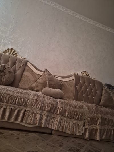 A plush, ornate sofa with tufted detailing and crystal accents is the central focus of the image. The sofa is upholstered in a light brown, velvet-like fabric and adorned with several decorative pillows. One pillow is circular and tufted, another is square with an intricate floral pattern, and a smaller cylindrical pillow rests in front of the others. The sofa's base is covered by a long, ruffled valance with lace trim, adding to its elaborate aesthetic. The background features a textured, off-white wall with decorative molding along the top edge, suggesting an interior residential setting. The floor beneath the sofa appears to be carpeted in a muted, patterned rug. The scene is lit with soft, ambient light, casting gentle shadows and highlighting the textures of the sofa and wall. The image is a still-life composition, focusing solely on the furniture and its immediate surroundings within what is likely a living room or lounge area in a residence in Қанабек, Kazakhstan. There are no people or any discernible actions taking place in the image.