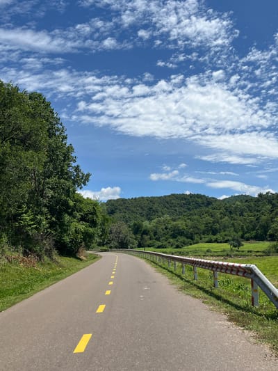 The image depicts a paved road with yellow dashed lines curving through a lush, green landscape under a bright blue sky dotted with white clouds. The road is bordered on the left by a dense line of trees and foliage, and on the right by a guardrail with alternating red and white reflective markings. In the background, rolling hills covered in dense forest rise towards the sky, with patches of green fields visible between them. The scene is tranquil and appears to be in a rural or semi-rural area, likely on a sunny day. The location is identified as Ham Thuan Bac, Vietnam. There are no people visible in the image.
