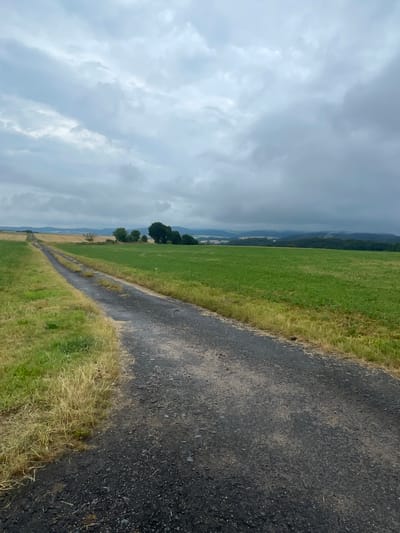 An asphalt road stretches into the distance through a rural landscape under a cloudy sky. The road is flanked by fields of grass and crops. In the background, rolling hills and distant trees are visible. The scene appears to be located in the vicinity of Immichenhain, Germany, based on the characteristics of the landscape, which are consistent with the rural topography of the region. There are no people or discernible actions taking place in the image.