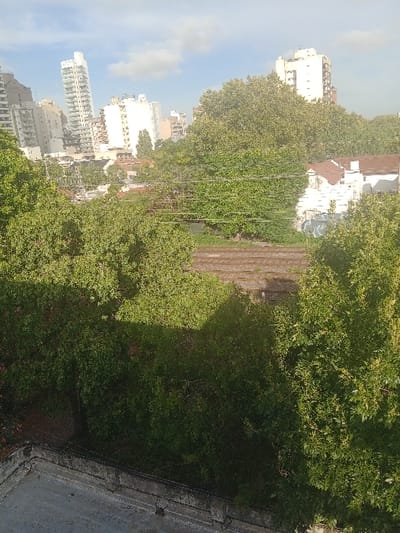 This image captures an elevated, oblique view of an urban landscape in Lomas de Zamora, Argentina, under a bright sky with scattered white cumulus clouds. In the immediate foreground, a worn concrete surface, possibly a rooftop or balcony, is visible, bounded by a low, cracked concrete parapet. Beyond this barrier, dense green foliage occupies the lower and mid-left portions of the frame.
Approximately horizontally across the middle of the image, a set of three parallel railway tracks runs, partially overgrown with vegetation, suggesting disuse or low traffic. Overhead electrical or communication wires traverse the scene above the tracks.
Beyond the railway, a mix of dense green trees and various urban structures is observed. Several multi-story residential buildings, predominantly white or light-colored and featuring numerous windows, are visible in the background, forming part of a city skyline. Some older, lower-rise buildings with white walls and terracotta roofs are also discernible through and above the trees in the mid-right, with one white structure exhibiting graffiti on its lower facade. No individuals, active subjects, or explicit actions or interactions are present in the scene. The overall environment appears to be a verdant urban area with a blend of older and modern architecture.