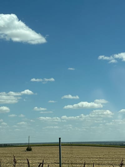 The image depicts a rural landscape under a bright blue sky with scattered white clouds. In the foreground, a wire fence stretches across a dry, harvested field. A single wooden utility pole stands in the middle ground, with power lines extending horizontally across the horizon. In the far distance, a line of trees or a forest is visible, and beyond that, a hazy, undulating terrain. The scene appears to be located in a rural or agricultural area, possibly on the outskirts of Stepnyanskii, Russia, given the open terrain and agricultural features. There are no people or animals visible in the image. The overall impression is one of a wide, open, and somewhat barren agricultural landscape.