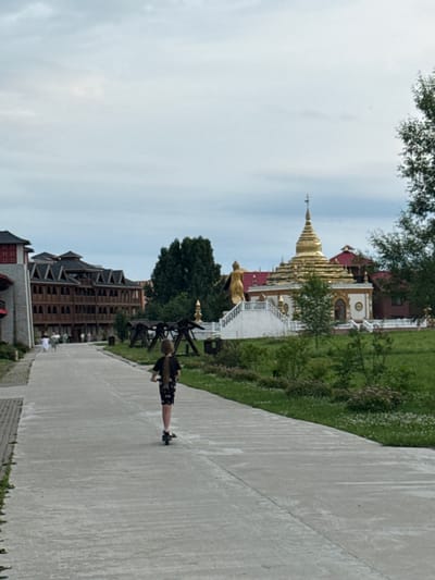 In Petrovo, Russia, a young person with long dark hair rides an electric scooter on a concrete pathway. They are wearing a dark t-shirt and patterned shorts. To the left of the pathway, a complex of buildings with traditional architecture and wooden elements is visible. In the background, a golden-domed Buddhist temple with a large statue of Buddha stands prominently. The scene is set against a backdrop of green grass, trees, and a cloudy sky.