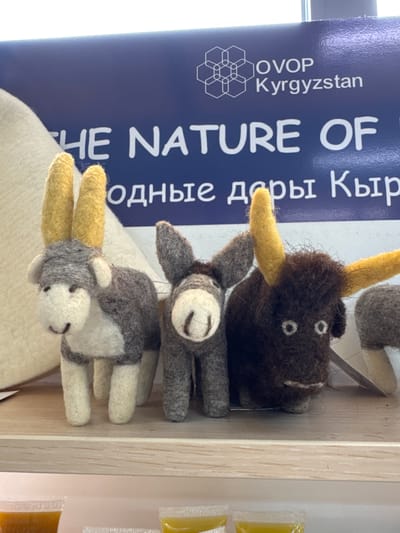 This image captures a close-up view of handcrafted felted animal figures displayed on a wooden shelf, likely within a market stall or exhibition booth in Кашат, Kyrgyzstan. The scene emphasizes local craftsmanship and products.

In the foreground, a small, light grey and white felted animal, possibly a baby yak or goat, is featured prominently with two distinct yellow horns and a charming white face with simple embroidered features. Slightly behind and above it, another grey felted creature, perhaps a small donkey or a young yak, is visible with a white face and dark eyes. Further back and larger, a dark brown felted yak or bull figure stands out with bright yellow horns and white circular eyes, showcasing the fluffy texture of the felt.

To the left, a blue sign or banner provides significant contextual information. Clearly visible text includes "OVOP", "Kyrgyzstan", and "THE NATURE OF". Below "THE NATURE OF", partially visible Cyrillic script reads "одны", likely part of a phrase like "Природные дары Кыргызстана" (The Natural Gifts of Kyrgyzstan), indicating the focus on natural products from the region. "OVOP" refers to the "One Village One Product" initiative, which supports local economic development through unique regional goods.

The felted animals are arranged on a light-colored wooden display surface. To the far right, out of focus, several small, transparent packets filled with a yellow or orange substance, possibly local sweets or preserves, are partially visible, suggesting a wider array of products. The overall impression is that of a local craft showcase, highlighting the artisanal and natural offerings of Kyrgyzstan.