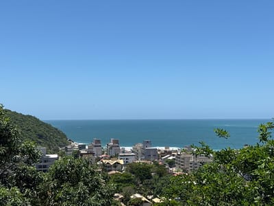 The image displays an elevated panoramic view overlooking the coastal city of Bombinhas, Brazil, under a clear, bright blue sky. The upper half of the frame is dominated by the unobstructed sky and the expansive blue-green ocean, with a distinct horizon separating them. Minor wave activity is visible on the ocean surface, and a small, dark object, possibly a boat or personal watercraft, is present in the mid-distance on the water. To the left, a steep, densely forested green hillside descends towards the urban landscape. The mid-ground reveals a concentrated cluster of buildings, primarily multi-story structures with light-colored facades, interspersed with some buildings featuring tiled roofs, indicative of a developed coastal town. Lush green foliage from foreground trees partially frames the bottom and sides of the scene, obscuring portions of the town and hillside. No individuals are discernible within the frame.