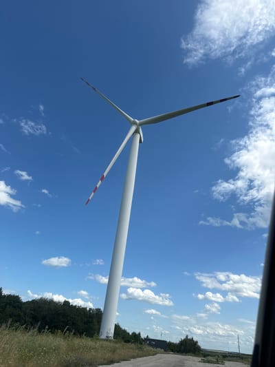 A low-angle, eye-level shot captures a tall white wind turbine against a bright blue sky with scattered white clouds. The turbine's three blades, each with red and white markings, extend upwards and to the left, with one blade angled prominently towards the viewer. The turbine's base is visible, anchored in a grassy area with dry vegetation. A dirt road or path leads away from the turbine into the distance. In the background, a line of dark green trees stretches across the horizon, with a few distant structures and power lines visible between them. The foreground features a mix of green and dry grass and wildflowers. The overall impression is of an open, rural landscape under a clear, sunny sky.