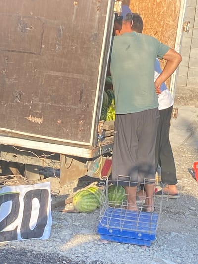 In Кызыл-Кыргызстан, Kyrgyzstan, two individuals are observed near a truck. One person, wearing a green t-shirt and dark pants, stands with their back to the camera, facing the open rear of a truck. They appear to be engaged in some activity related to the truck's contents. Another person, partially visible in a white and blue shirt, stands next to them. Watermelons are visible inside the truck and also on the ground near the truck. A blue platform with a metal cage sits on the ground, possibly for weighing produce. A white banner with a black "20" printed on it is placed on the ground to the left of the scene. The ground is covered with gravel, and debris is scattered around. The scene suggests a commercial or logistical operation involving the sale or transport of watermelons.