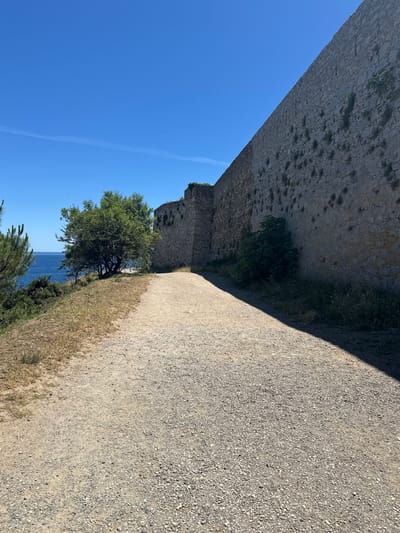 The image captures a sunlit scene featuring a gravel pathway curving towards the right, bordered by a long, weathered stone wall. The wall, constructed from irregular, light-colored stones, rises significantly and appears to be part of a historical fortification. Sparse vegetation, including small green plants and dry grass, grows along the base of the wall and on the embankment to the left of the pathway. To the far left, beyond the embankment, the blue sea is visible, meeting a clear, bright blue sky that stretches across the upper portion of the frame. A lone, leafy green tree stands on the grassy area near the sea. The lighting suggests it is a bright, clear day. The scene is devoid of any people or animals. This appears to be a view along the ramparts of the Citadelle de Saint-Tropez, a historic fortress overlooking the Mediterranean Sea in Saint-Tropez, France.