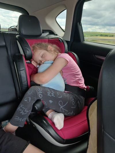 In Platonovka, Russia, a young girl sleeps peacefully in a car seat in the backseat of a car. She is wearing a pink t-shirt and dark grey leggings with a pattern of hearts and words. She clutches a light blue stuffed animal to her chest. The car is in motion, with a blurry view of a rural landscape visible through the window, featuring green fields and a cloudy sky. The interior of the car is visible, with black leather seats and the red fabric of the child seat.