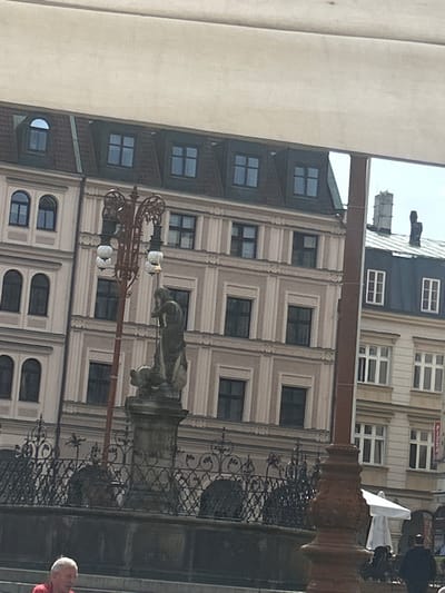 The image, taken during daytime likely under an overcast sky, captures a bustling urban scene in Liberec, Czechia, originally rotated counter-clockwise. The central focus is a grand, ornate stone monument or fountain featuring a classical statue of a draped figure, possibly male, standing on a sturdy base. An elaborate, dark-colored wrought iron fence or railing surrounds the monument's lower section.
Behind the monument, a multi-story building with a light beige or cream-colored facade dominates the mid-ground. This building displays numerous rectangular windows, some dark and others reflecting the bright sky, framed by decorative architectural details such as pilasters and cornices. Its upper floors transition to a darker roof with several dormer windows. Further back and higher up, another building with multiple windows is visible.
In front of the beige building and to the left of the monument, an elegant, tall street lamp with multiple curving arms and glowing white globes stands. A large, plain, light-colored structure, possibly an awning or part of a building, occupies the left side of the frame, partially obscuring the scene.
On the far right, partially cropped, the top of a person's head with white or grey hair and a glimpse of a red garment is visible. Other indistinct, blurry figures can be seen in the distant background. The lighting is soft and diffused. No legible text is visible in the image.