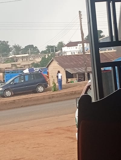 A dark blue minivan is parked on the side of a dirt road. The minivan has a blue tarp covering part of its cargo area. A woman wearing a white shirt and blue jeans stands next to the back of the minivan. She appears to be looking down or talking to someone out of frame. Behind the minivan, a blue truck is parked. In the background, there are buildings with corrugated metal roofs and some trees. A utility pole with multiple wires runs through the scene. The sky is overcast, suggesting it might be a cloudy day. The lighting is diffused, indicating it is likely daytime. The overall scene appears to be in a rural or semi-urban area, possibly a market or roadside stop.