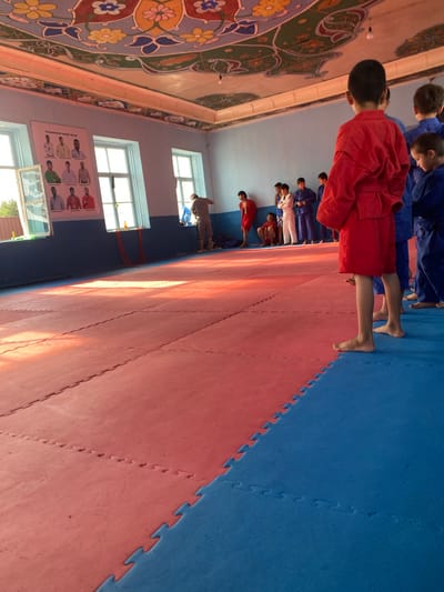 The image shows the interior of a sports hall, likely a judo or sambo gym, in Боғистон, Tajikistan. The hall has a distinctive, brightly colored, floral-patterned ceiling. The floor is covered with interlocking puzzle mats, divided into red and blue sections.
In the foreground, a group of children and young people are gathered. Most are wearing traditional martial arts uniforms, with some in blue and one in a red uniform prominently displayed in the right foreground. They are facing towards the left of the frame, suggesting they are either waiting for instruction or observing an activity.
On the left side of the hall, near a window, there is a poster on the wall displaying portraits of several individuals, some in martial arts attire and others wearing medals. The poster appears to be educational or motivational, possibly showcasing champions or instructors.
The environment is bright, with sunlight streaming through the windows, casting long shadows across the red mats. In the background, near another window, a person in a grey shirt and shorts is attending to something, possibly preparing equipment or cleaning. The overall scene depicts a training session or a gathering in a martial arts facility.