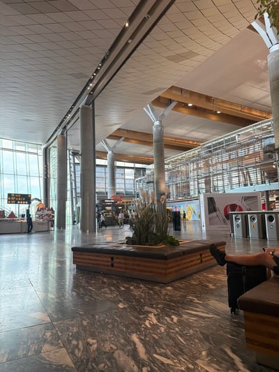 This image depicts the interior of Oslo Airport, Gardermoen, Norway. The scene is a spacious, modern airport terminal with a high ceiling featuring exposed wooden beams and a tiled acoustic ceiling. Large windows allow natural light to flood the area, illuminating the polished marble-patterned floor.

In the foreground, a person's legs and suitcase are visible, suggesting they are sitting on a bench or waiting area. The bench itself is constructed with dark upholstery and a wooden base, featuring built-in planters with tall grass.

Further into the terminal, various shops and food establishments are visible, including a "Mendel's" store and a "Wine & Food" establishment with a tiger graphic. People are seen walking and interacting within the terminal. A prominent information sign indicating "Gate A, B, C, D" and "Gates E, F, G" is positioned on the left side of the image. The overall atmosphere is that of a busy transportation hub.