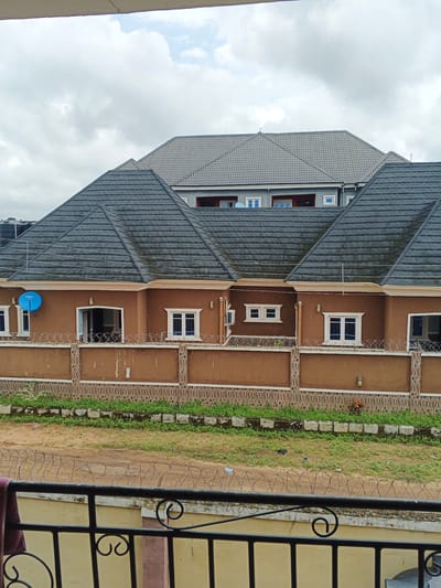 The image captures a view of houses in Naze, Nigeria, under a cloudy sky. In the foreground, a black metal railing with decorative scrollwork is visible. Beyond the railing, a dusty path is bordered by a wire fence, with grass and some debris on the side. Further back, a brown-colored house with a dark tiled roof is prominent. This house features several white-framed windows and an open doorway. A blue satellite dish is mounted on the wall of this house. Behind the brown house, another building with a dark grey tiled roof and light grey walls is partially visible, with more windows. The houses are surrounded by a brown wall topped with barbed wire. Green vegetation grows along the base of the wall and in patches on the ground.