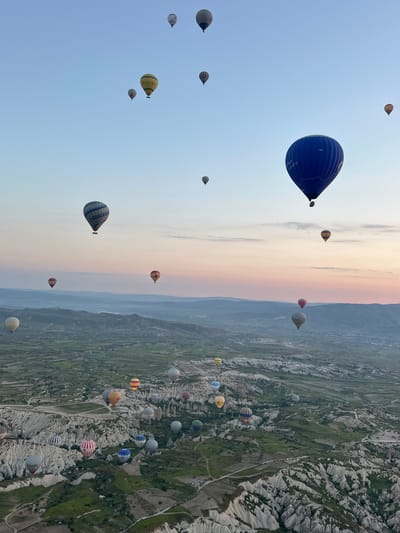 The image captures a breathtaking hot air balloon flight over the distinctive geological landscape of Göreme, Cappadocia, Turkey. The scene unfolds during what appears to be either sunrise or sunset, marked by the sky's gentle gradient, transitioning from a clear light blue overhead to warm, soft hues of pink, orange, and pale yellow near the horizon.

Numerous hot air balloons, varied in size, color, and pattern, fill the expansive sky and hover over the terrain. A large, prominent blue balloon with "Voyager Balloons" and "T-809.A" faintly visible on its fabric, dominates the upper-mid section of the frame, suggesting close proximity to the viewer. Below and across the wide panorama, dozens of other balloons, including striped, solid-colored (yellow, red, blue, white), and patterned designs, are seen ascending or drifting. One yellow balloon displays partially legible text, possibly "TURKISH". Another white balloon features dark, indistinct text, and a striped balloon closer to the ground shows "Barcelo".

The setting is defined by Cappadocia's unique "fairy chimney" rock formations and valleys, which appear as rugged, light gray or whitish geological structures punctuated by verdant green vegetation. These formations create a textured, almost otherworldly landscape that recedes into the distance towards hazy mountains on the horizon. The clear sky indicates optimal weather conditions for flying. While no individuals are explicitly visible, the scene evokes a sense of awe, tranquility, and adventure, showcasing a popular and iconic aerial spectacle in an extraordinary natural environment.