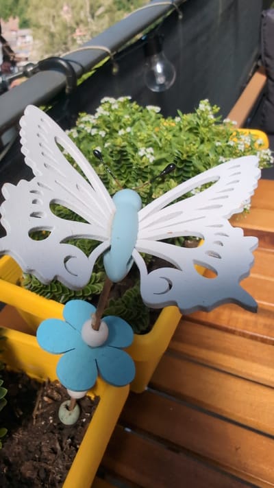 A close-up, eye-level shot features a decorative white and light blue butterfly perched on a thin stick. The butterfly's wings are intricately cut with open patterns. Below the butterfly, a light blue, five-petaled flower adorns the stick, with small light pink and light green beads. This entire decoration is planted in a bright yellow rectangular planter filled with dark soil and lush green succulent plants. The planter is situated on a warm-toned wooden surface, likely a table or deck. In the background, a dark railing is visible, strung with a single incandescent light bulb, suggesting an outdoor setting like a balcony or patio. Beyond the railing, a blurred view of buildings and greenery hints at a location within the city of Triberg im Schwarzwald, Germany. The lighting suggests it is daytime, with soft sunlight illuminating the scene. There are no people visible in the image.