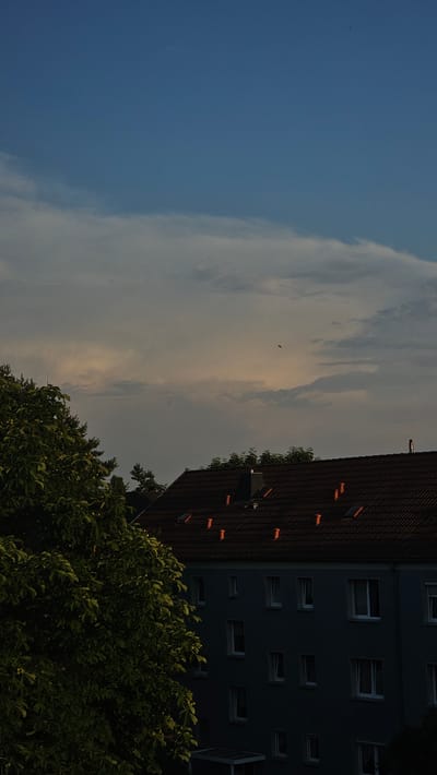 The image captures a twilight scene in Roßleben, Germany, as viewed from an elevated perspective. In the foreground, a large, leafy tree with visible green leaves dominates the left side of the frame. Behind the tree, a multi-story building with a dark blue facade is visible. This building has numerous windows, some of which appear to be illuminated from within, while others are dark. The roof of the building is covered in dark red tiles and features several dormer windows that emit a warm, orange glow, suggesting interior lighting.
Above the building, the sky transitions from a deep blue at the top of the image to lighter, cloud-filled hues closer to the horizon. Wispy clouds are scattered across the sky, some catching the fading light with hints of pink and yellow. A few small birds are silhouetted against the sky, indicating their presence in the air. The overall impression is of a quiet evening in a residential area of Roßleben, with the last light of day illuminating the clouds and the windows of the building.