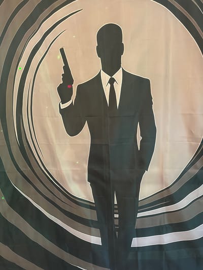The image displays a black silhouette of a man in a suit and tie, holding a handgun in his right hand. He is positioned centrally against a background that features concentric, wavy bands of gray and off-white, creating a tunnel-like effect. There are small, scattered green and pink specks visible on the fabric, likely reflections or imperfections. The setting is not specified within the city of Sankt Wendel, Germany.