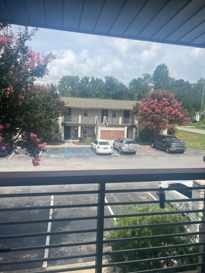 The image shows a view from a balcony or porch, looking out at a parking lot and a building. In the foreground, there is a dark gray railing with horizontal slats. Beyond the railing is a paved parking lot with several cars. To the left, a large tree with pink flowers is in bloom, partially obscuring the view. In the middle ground, there is a two-story building with a beige exterior and balconies. A dark blue door is visible on the first floor, along with a handicapped parking space marked with blue lines and a white wheelchair symbol. Several cars are parked in the lot, including a white sedan, a silver SUV, and a dark gray pickup truck. To the right of the building, there is another tree with pink flowers, and beyond that, a street and more trees. The sky is partly cloudy with white clouds against a blue background. The scene appears to be in an apartment complex or similar residential area in North Charleston, South Carolina, United States of America.