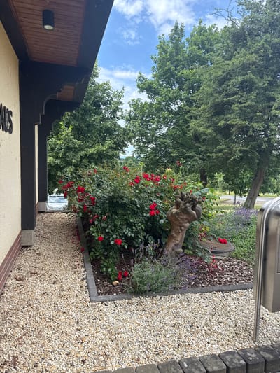 The image shows an outdoor scene with lush green trees and a bed of red roses and lavender. A weathered wooden sculpture, resembling intertwined branches, stands prominently among the flowers. A manhole cover is visible in the background. The ground is covered in light-colored gravel, bordered by dark stone blocks and brickwork. To the left, the dark, angled eaves of a building with wooden paneling and a light fixture are visible. The sky above is blue with scattered clouds, suggesting a daytime setting, possibly late spring or summer, with fair weather. The overall impression is one of a well-maintained garden area next to a building. The location is Schwalbach, Germany. There is some faint, dark text on the building wall that is illegible.