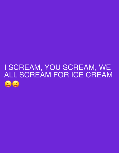 The image displays a text overlay on a solid purple background. The text reads "I SCREAM, YOU SCREAM, WE ALL SCREAM FOR ICE CREAM" in white capital letters. Below the text, there are two emojis of faces with crossed-out eyes and tongues sticking out. The image does not contain any information about the city of Mysterna, Sweden, or any other specific location. It appears to be a digital graphic or meme.
