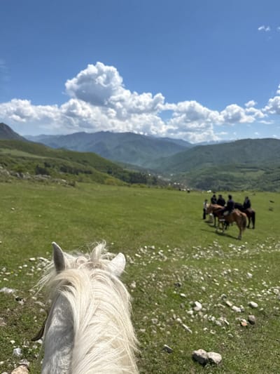 The image shows a view from the back of a white horse, likely ridden by the photographer. In the distance, a group of horses and riders is visible on a grassy slope in Teghut, Armenia. The landscape consists of green hills and mountains, with a partially cloudy blue sky in the background. The foreground, near the white horse, is a grassy field dotted with small rocks and white flowers.