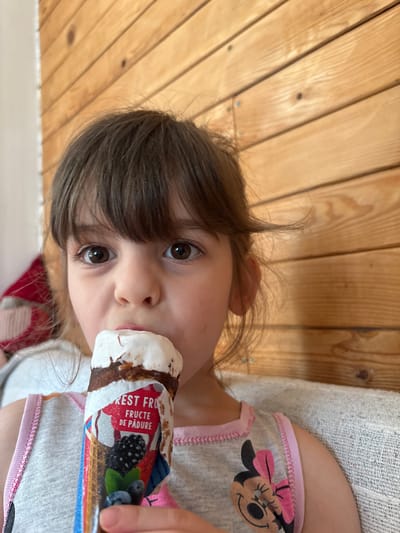 A young child, estimated to be between three and six years old, is depicted indoors, situated in the city of Barakovo, Bulgaria. The child, with dark brown hair and wide dark brown eyes, gazes directly forward while actively consuming an ice cream cone. The ice cream features a prominent white, soft topping over a brown chocolate-coated base. Its wrapper is multicolored, displaying the text "FOREST FRUIT" and "FRUCTE DE PĂDURE," accompanied by illustrations of blackberries, blueberries, and raspberries. The child wears a light gray sleeveless top with pink trim along the neckline and armholes, and a portion of a Minnie Mouse graphic is visible on the lower left of the garment. The background consists of a light-colored, horizontally paneled wooden wall, featuring visible screws. The child is seated on a light gray, textured fabric surface, likely a sofa or armchair. A blurred reddish fabric element is partially visible behind the child's left shoulder.